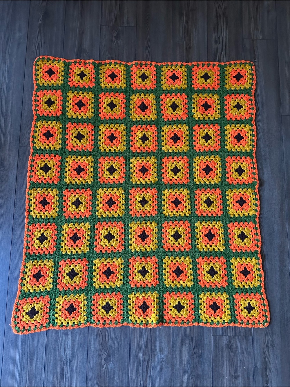 Vintage 70s Crochet Afghan Granny Square Blanket Retro Boho Orange Green Gold